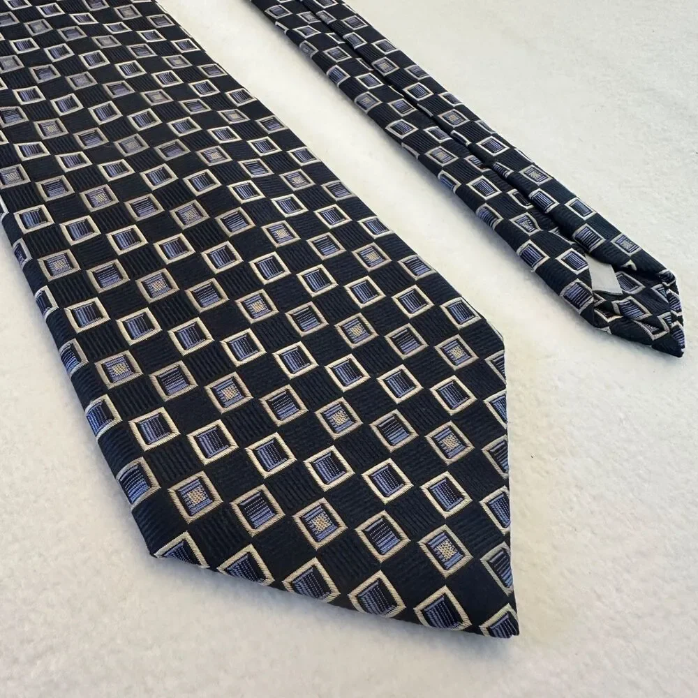 Burma Bibas Mens 100% Silk Dark Blue Geometric Square Necktie 58